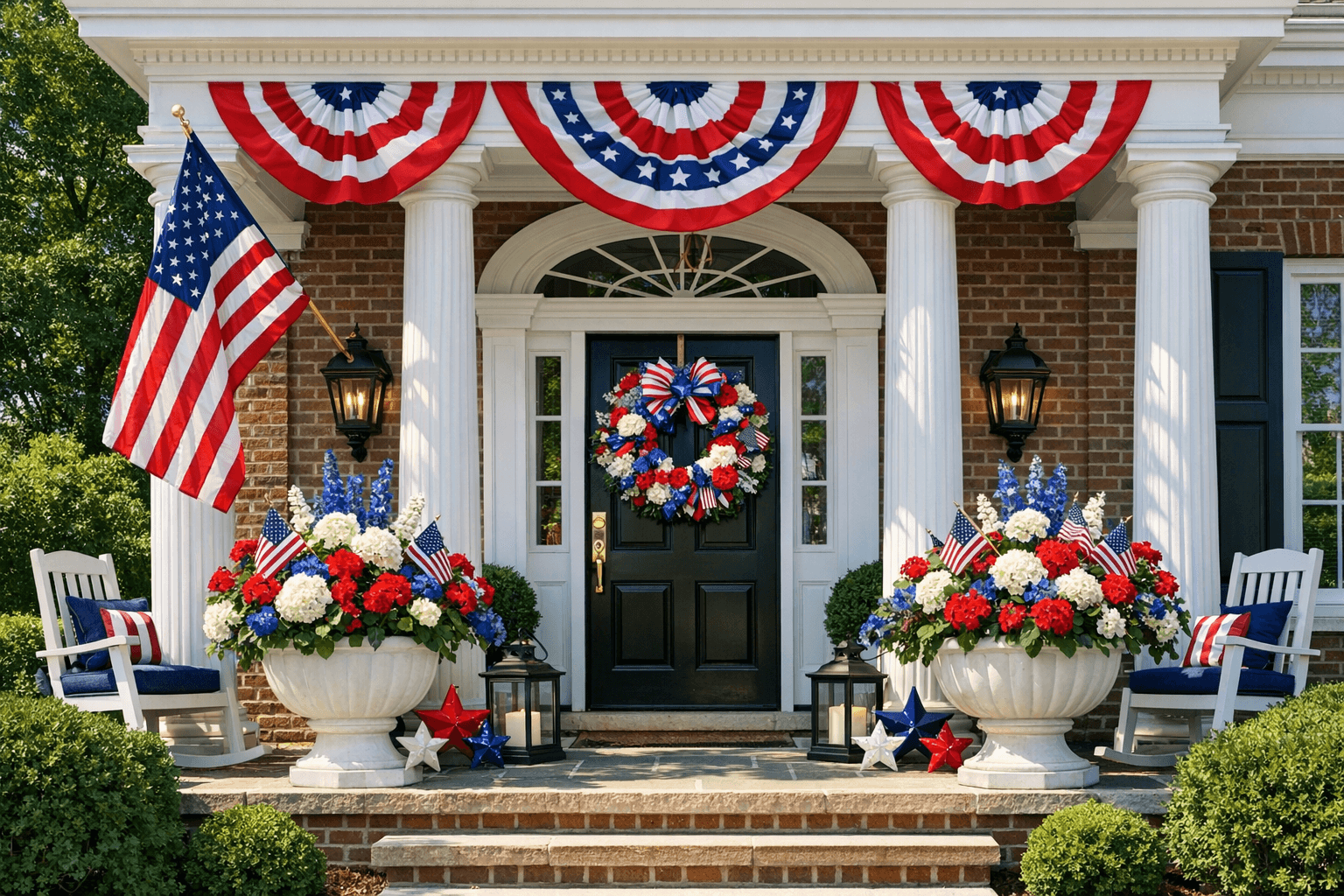 Spring porch with custom wreath and premium planters