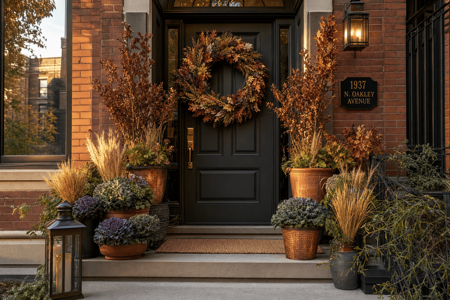 Luxury transitional porch styling for early fall — warm terracotta planters, ornamental kale, and a harvest wreath on a Chicago townhouse