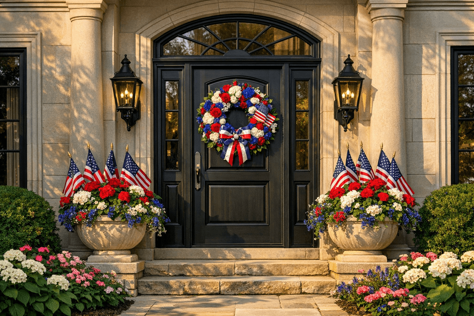 Beautifully styled luxury porch entryway with custom wreath and designer planters
