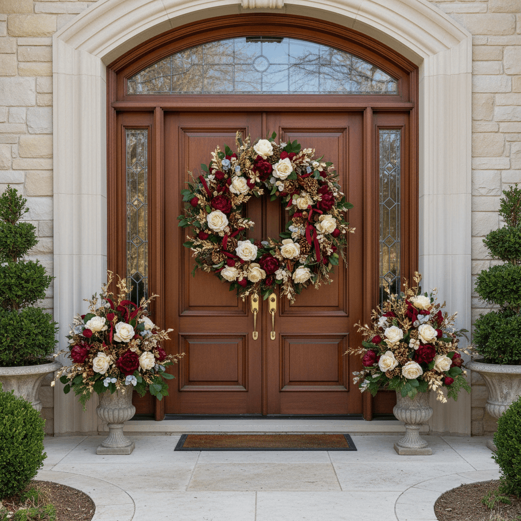 Custom-designed wreath on upscale home entrance