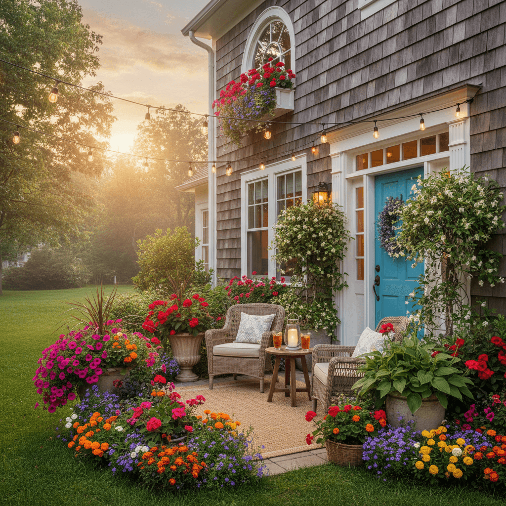 Summer porch redesign with colorful blooms and oversized planters in Chicago
